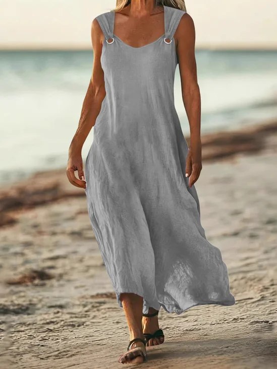 Damen Unifarben Sommer Kleid V-Ausschnitt Ärmellos H-Linie Kleid