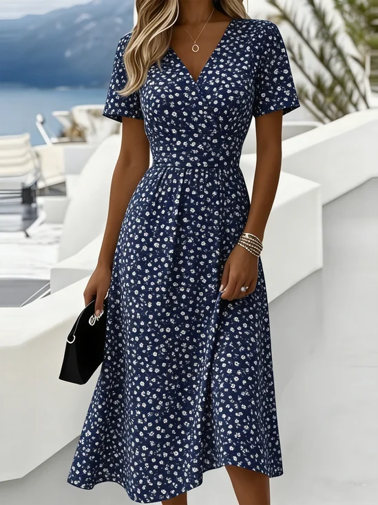 Damen Geblümt Sommer Kleid V-Ausschnitt Kurzarm Strandkleid A-Linien-Kleid