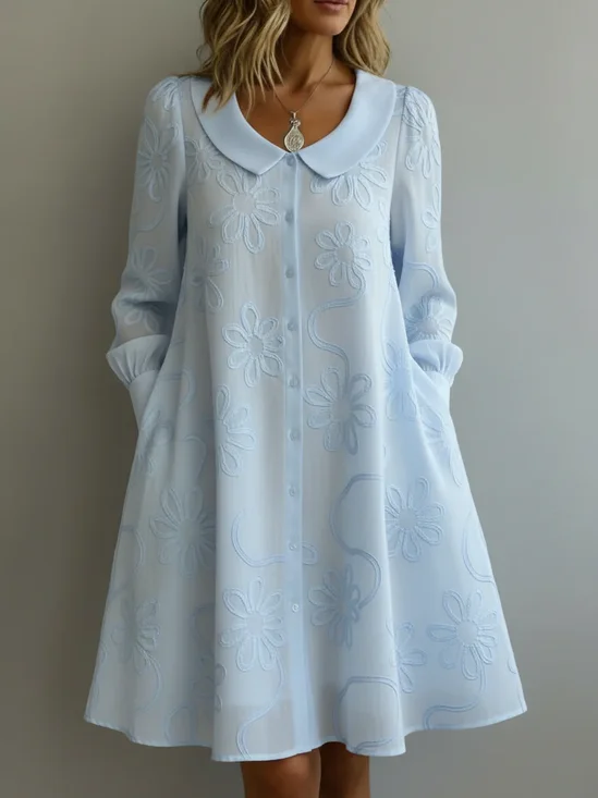 Damen Geblümt Frühling/Herbst Kleid Hemdkragen Langarm Blusenkleid A-Linien-Kleid