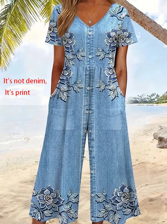 Damen Geblümt V-Ausschnitt Halbarm Lässig Sommer Jumpsuit
