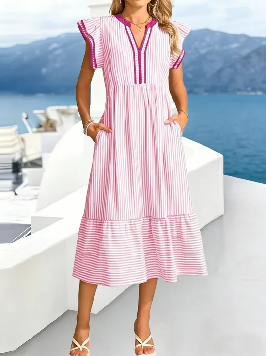 Damen Gestreift Sommer Kleid V-Ausschnitt Kurzarm Passen & Flare Kleid A-Linien-Kleid