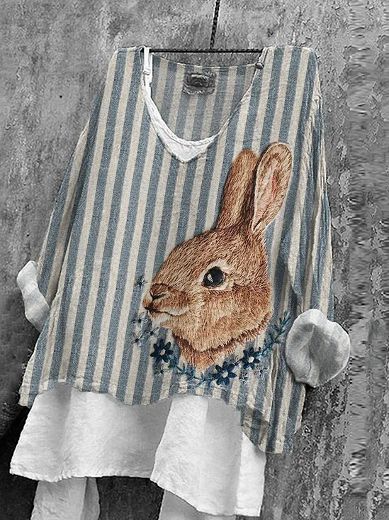 V-Ausschnitt Langarm Gestreift Print Regelmäßig Mikroelastizität Weit T-Shirt mit Grafik Bluse für Damen