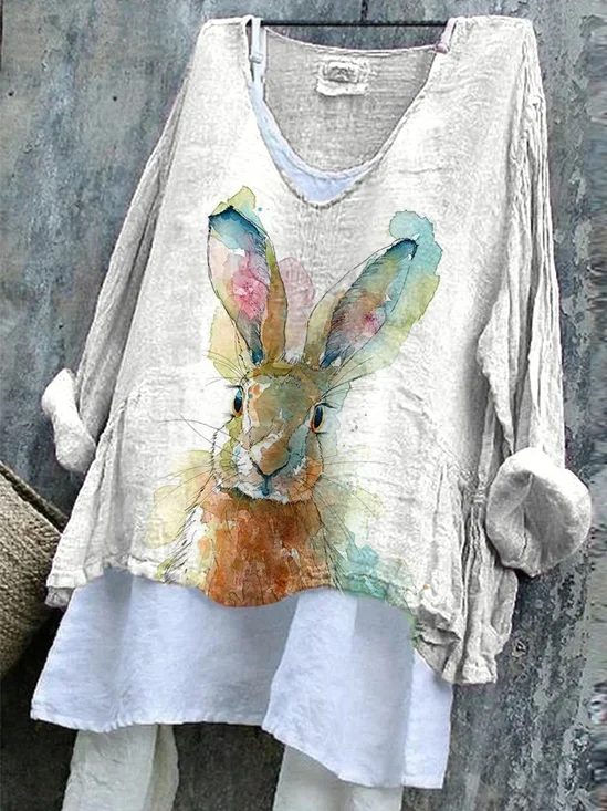 V-Ausschnitt Langarm OSTERN (Kaninchen) Print Regelmäßig Mikroelastizität Weit T-Shirt mit Grafik Bluse für Damen
