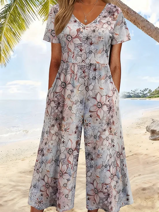 Damen Geblümt V-Ausschnitt Halbarm Lässig Sommer Jumpsuit