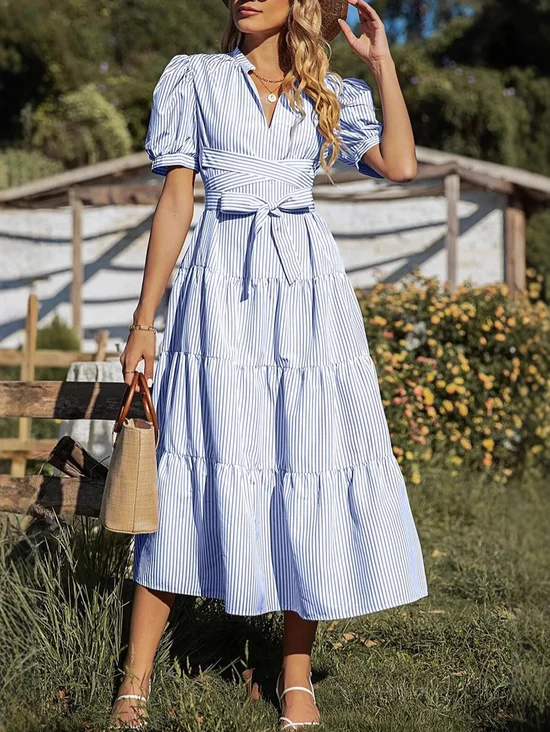 Damen Gestreift Sommer Kleid V-Ausschnitt Kurzarm Passen & Flare Kleid A-Linien-Kleid