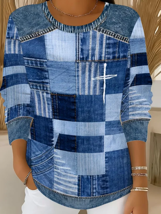 Lässig Grafik mit Denim-Imitat-Print Rundhals Langarm T-Shirt