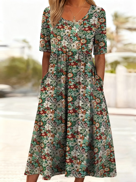 Damen Geblümt Sommer Print Kleid Rundhals Kurzarm Etuikleid H-Linie Kleid