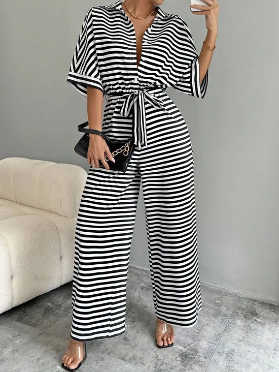 Damen Gestreift Schalkragen Kurzarm Lässig Sommer Jumpsuit