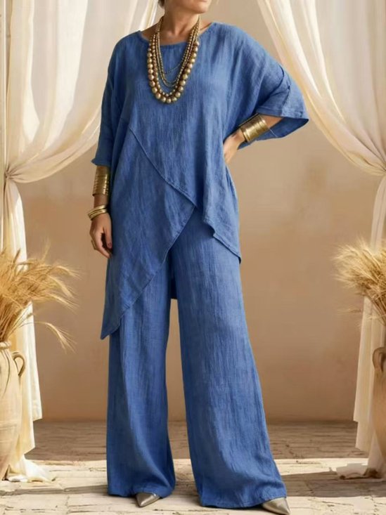 Damen Unifarben Zweiteiliges Set Täglich Halbarm Retro Sommer Bluse mit Hose Matching Set