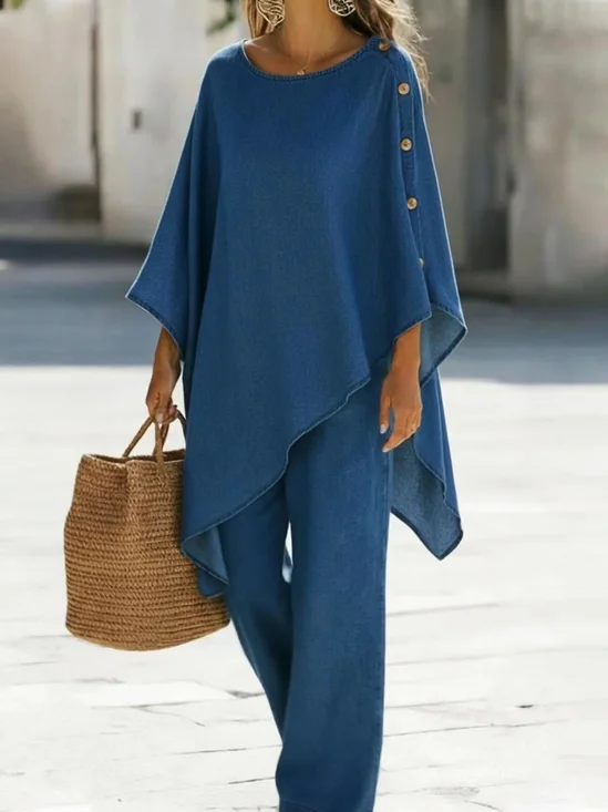 Damen Unifarben Zweiteiliges Set Täglich Halbarm Retro Sommer Bluse mit Hose Matching Set