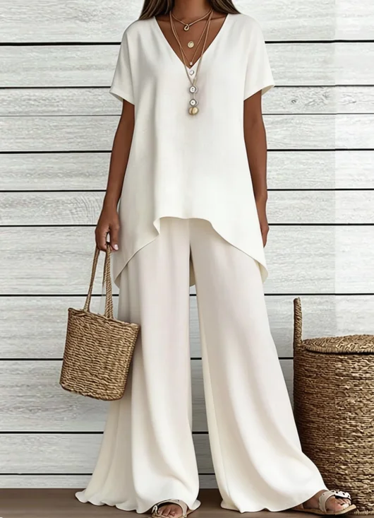 Damen Unifarben Zweiteiliges Set Täglich Kurzarm Retro Sommer Bluse mit Hose Matching Set