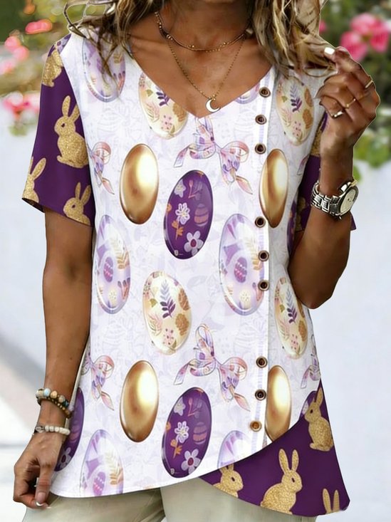 V-Ausschnitt Kurzarm 3d Drucken Regelmäßig Weit Bluse für Damen