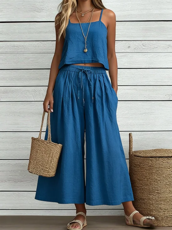 Damen Unifarben Zweiteiliges Set Täglich Ärmellos Retro Sommer Bluse mit Hose Matching Set