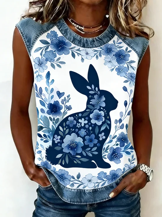 Retro Geblümt Rundhals Ärmellos T-Shirt