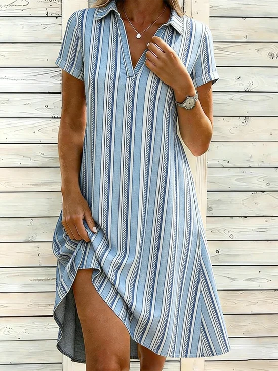 Damen Gestreift Alle Jahreszeiten Kleid Schalkragen Kurzarm Blusenkleid A-Linien-Kleid