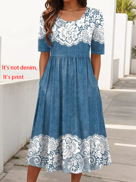 Damen Geblümt Sommer Print Kleid Rundhals Kurzarm Etuikleid H-Linie Kleid