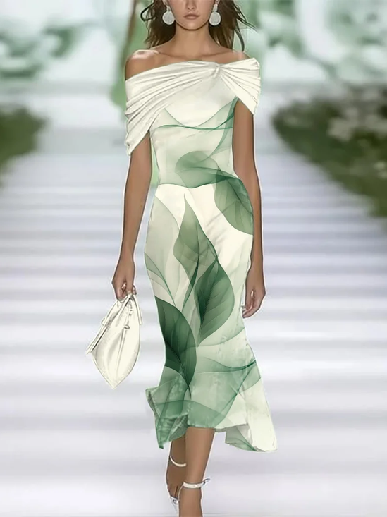 Damen Blätter Sommer Print Kleid Schulterfrei Flügelärmel H-Linie Kleid