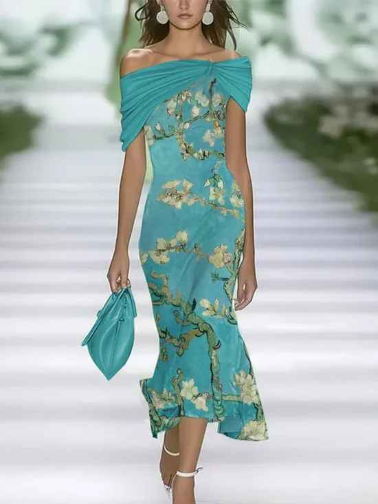 Damen Geblümt Sommer Print Kleid Schulterfrei Flügelärmel H-Linie Kleid