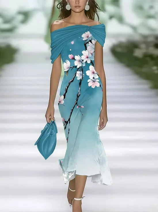 Damen Geblümt Sommer Print Kleid Schulterfrei Flügelärmel H-Linie Kleid