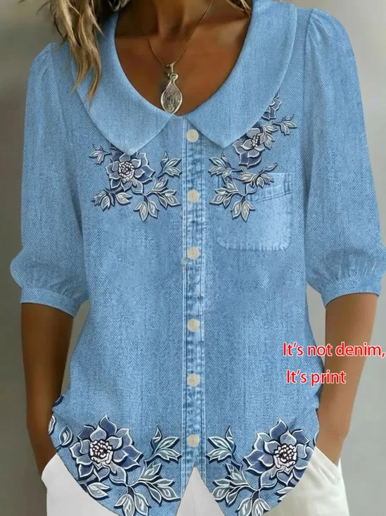 Schalkragen Halbarm Geblümt Print Regelmäßig Mikroelastizität Regelmäßige Passform Bluse für Damen