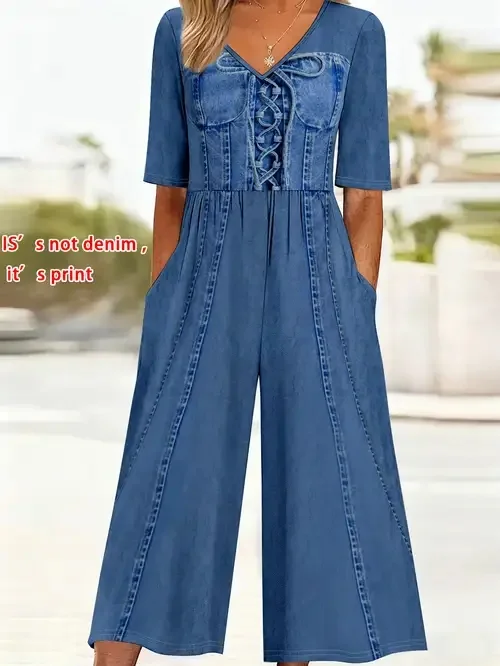 Damen Grafik mit Denim-Imitat-Print V-Ausschnitt Halbarm Retro Sommer Jumpsuit