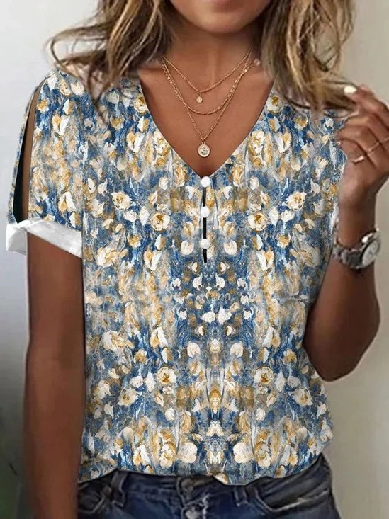 Elegant Zufälliger Druck V-Ausschnitt Kurzarm T-Shirt