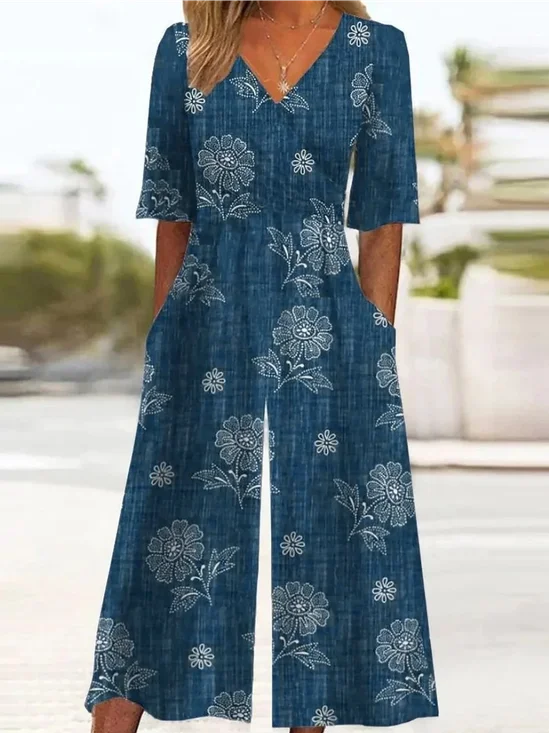 Damen 3d Drucken V-Ausschnitt Halbarm Retro Sommer Jumpsuit