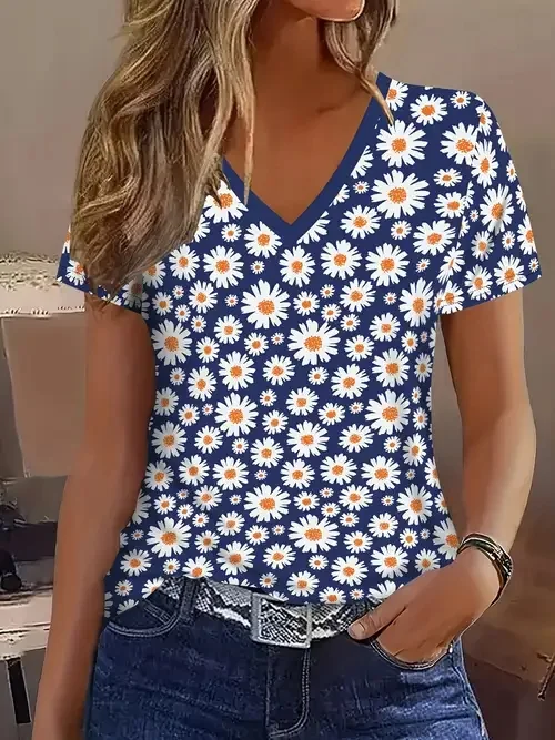 Elegant Geblümt V-Ausschnitt Kurzarm T-Shirt