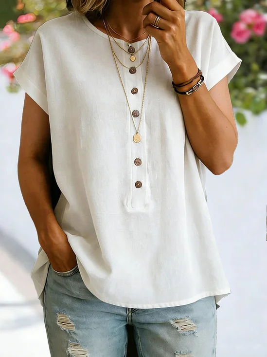 Rundhals Kurzarm Unifarben Regelmäßig Weit Bluse für Damen