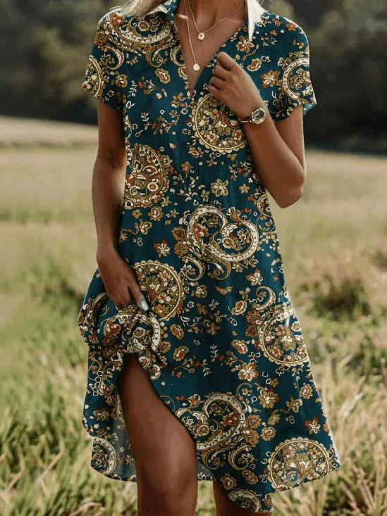Damen Paisley Alle Jahreszeiten Kleid Hemdkragen Kurzarm Blusenkleid A-Linien-Kleid