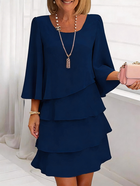 Damen Unifarben Frühling/Herbst Kleid Rundhals Dreiviertelärmel A-Linien-Kleid