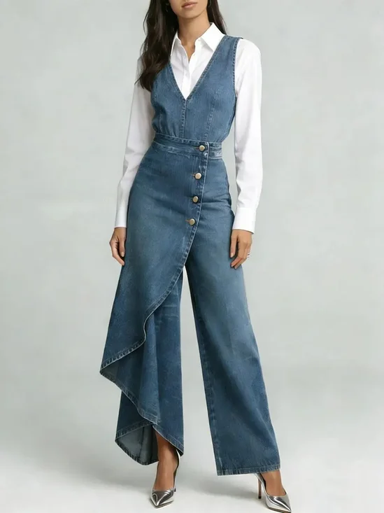 Damen Unifarben V-Ausschnitt Ärmellos Retro Sommer Jumpsuit