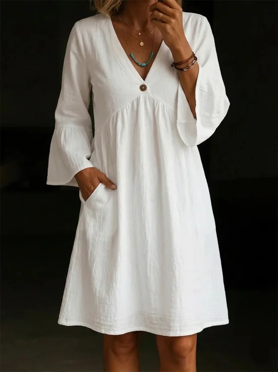 Damen Unifarben Frühling/Herbst Kleid V-Ausschnitt Dreiviertelärmel Passen & Flare Kleid A-Linien-Kleid
