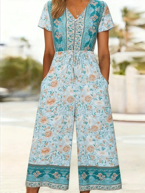 Damen Gestreift V-Ausschnitt Halbarm Retro Sommer Jumpsuit