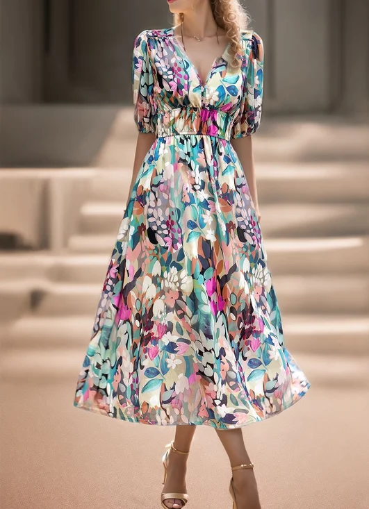 Damen Geblümt Puffärmel Sommer Kleid V-Ausschnitt Kurzarm Passen & Flare Kleid A-Linien-Kleid