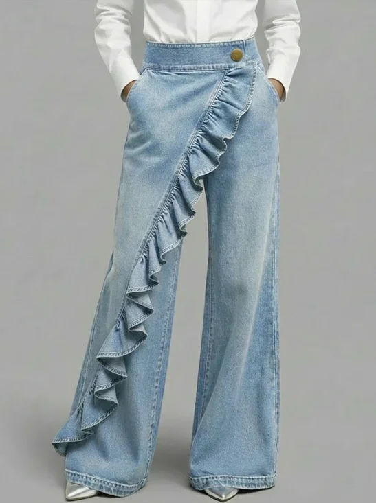 Denim Aussehen Retro Irregulär Rüsche Lang Hose Hohe Taille Lässig Jeans