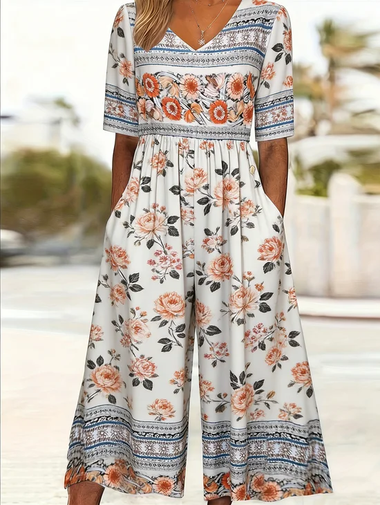 Damen Geometrisch V-Ausschnitt Halbarm Retro Sommer Jumpsuit