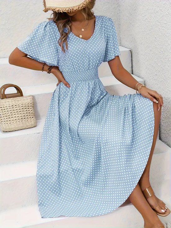 Damen Polka Dots Sommer Print Kleid V-Ausschnitt Kurzarm Tanktop A-Linien-Kleid