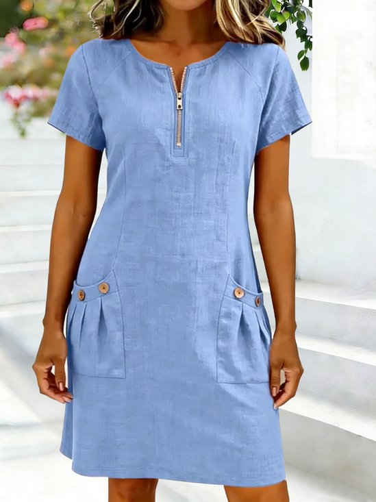 Damen Unifarben Sommer Kleid Rundhals Kurzarm Passen & Flare Kleid A-Linien-Kleid