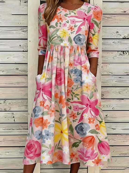 Damen Geblümt Sommer Kleid Rundhals Halbarm A-Linien-Kleid
