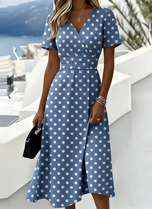 Damen Polka Dots Sommer Kleid V-Ausschnitt Kurzarm Strandkleid A-Linien-Kleid
