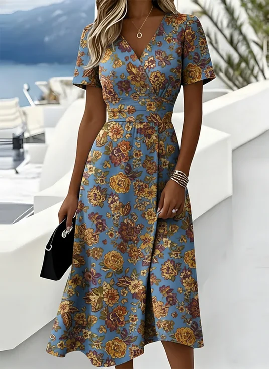 Damen Geblümt Sommer Kleid V-Ausschnitt Kurzarm Strandkleid A-Linien-Kleid