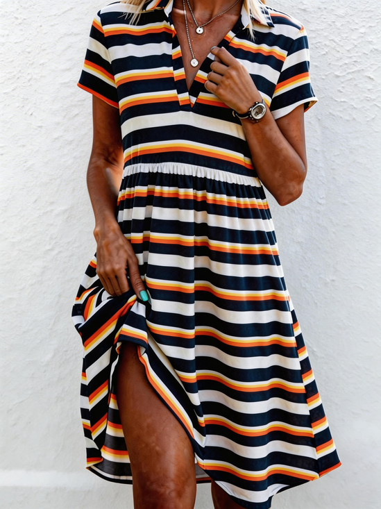 Damen Gestreift Sommer Kleid Hemdkragen Kurzarm Blusenkleid A-Linien-Kleid