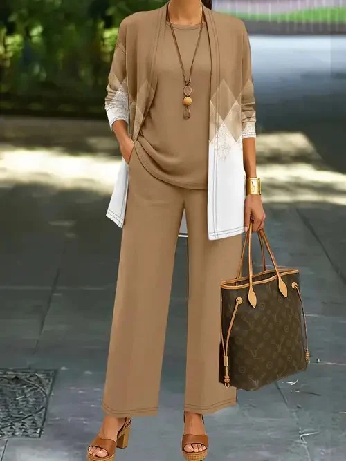 Damen Geometrisch Matching Kostüm Täglich Langarm Elegant Frühling/Herbst Bluse mit Hose Matching Set