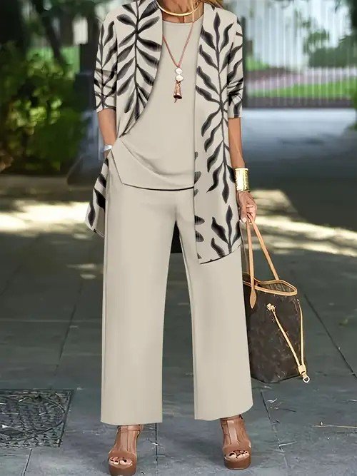 Damen Botanisch Muster Matching Kostüm Täglich Langarm Elegant Frühling/Herbst Bluse mit Hose Matching Set