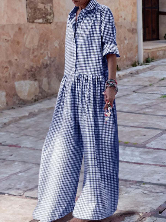 Damen Kariert Schalkragen Langarm Lässig Frühling/Herbst Baumwolle Jumpsuit
