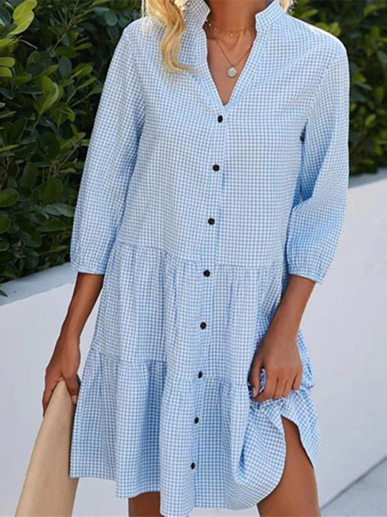 Damen Kariert Sommer Kleid Stehkragen Halbarm Blusenkleid A-Linien-Kleid