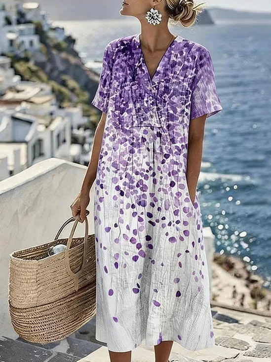 Damen Geblümt Sommer Kleid V-Ausschnitt Kurzarm Passen & Flare Kleid A-Linien-Kleid