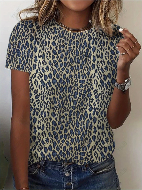 Lässig Leopard Rundhals Kurzarm T-Shirt