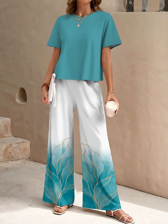 Damen Geblümt Zweiteiliges Set Täglich Kurzarm Lässig Sommer Bluse mit Hose Matching Set